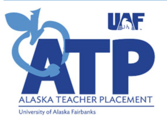Alaska Teacher Placement Logo from the University of Alaska Fairbanks includes the letters ATP with an Apple illustration over it
