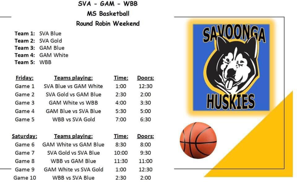 Middle school game schedule for this weekend.