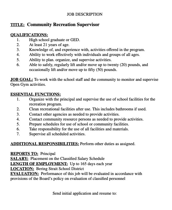 Job description for Community Recreation Supervisor.