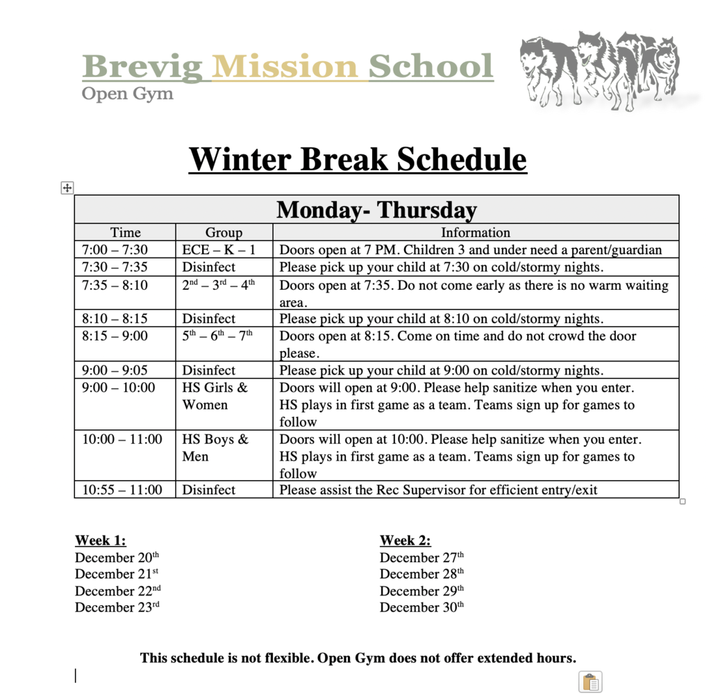 Winter Break Gym Schedule