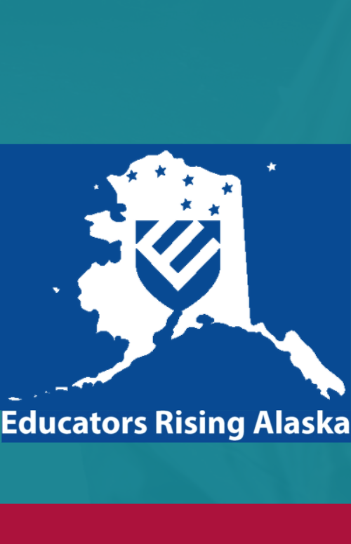Educators Rising Alaska blue logo on a teal background with a red stripe at the bottom