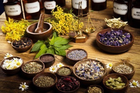 A table full of natural herbs.