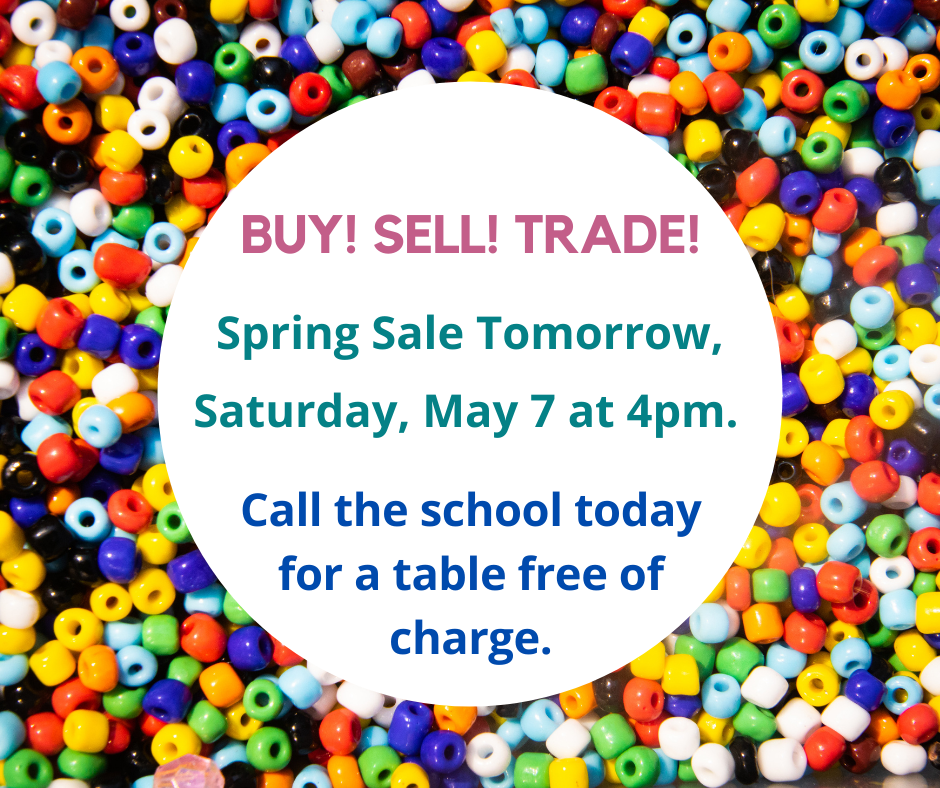 "Spring Sale Tomorrow" on a background of colorful beads.