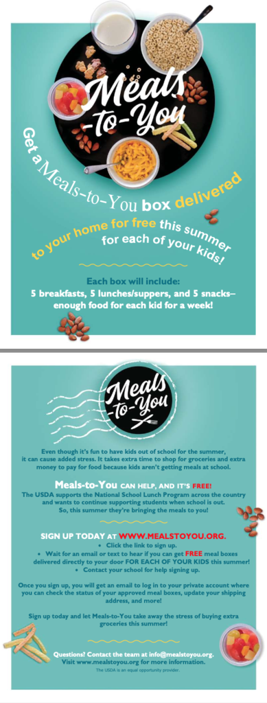 Flyer describing how to get free meals for kids during the summer.