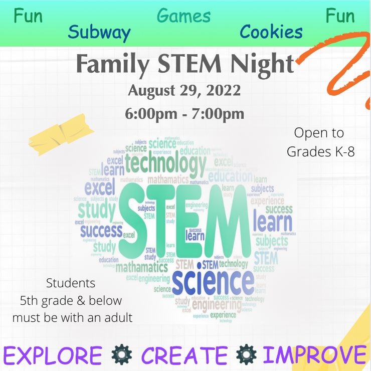 Family STEM Night Aug 29, 6pm-7pm