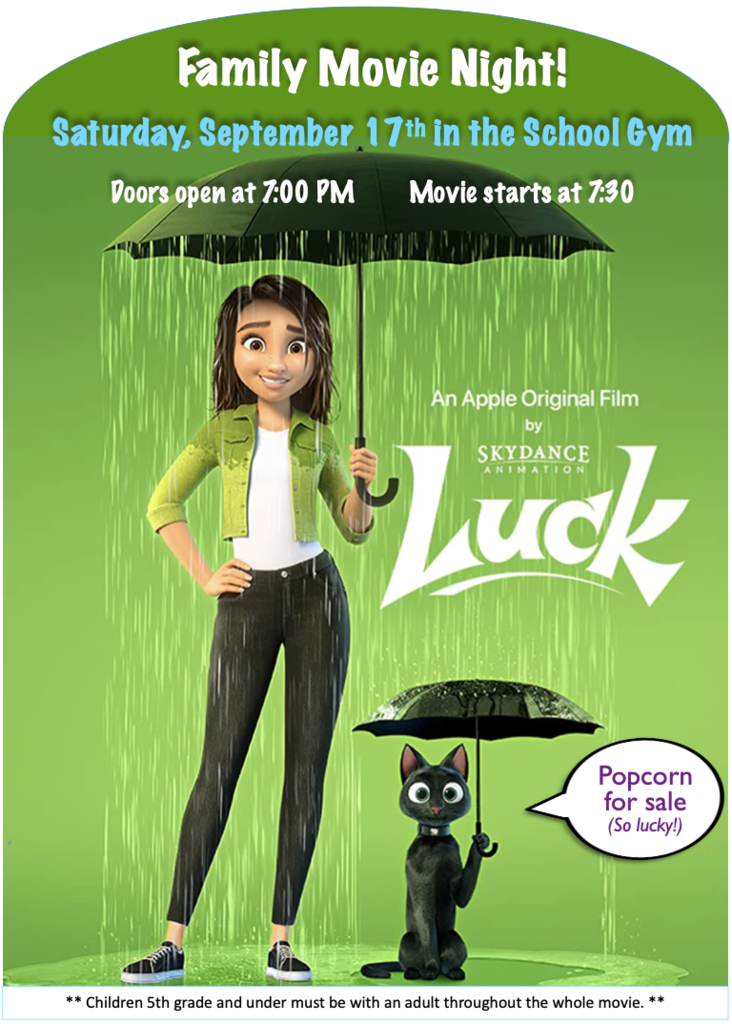 Poster for the movie "Luck" with a girl and a black cat holding umbrellas against a green background.