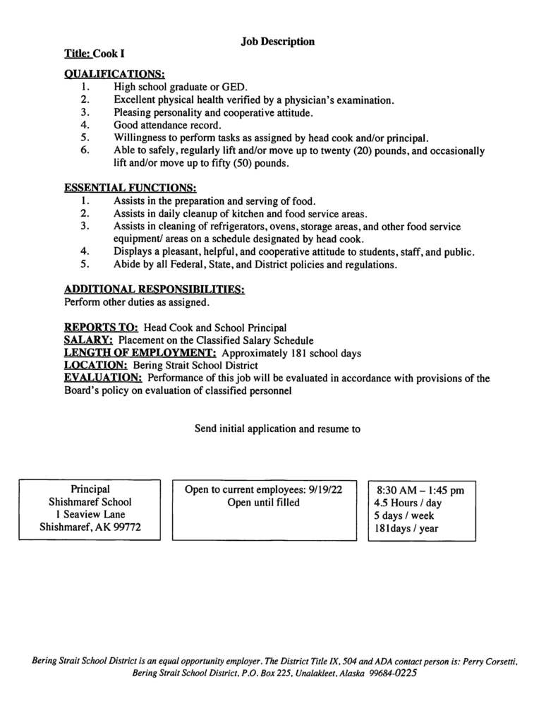 Job Opening for Cook I
