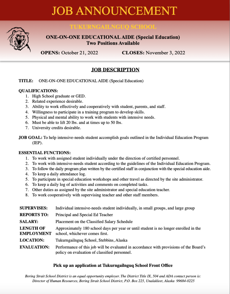 Job Announcement - 2 one-on-one Educational Aides