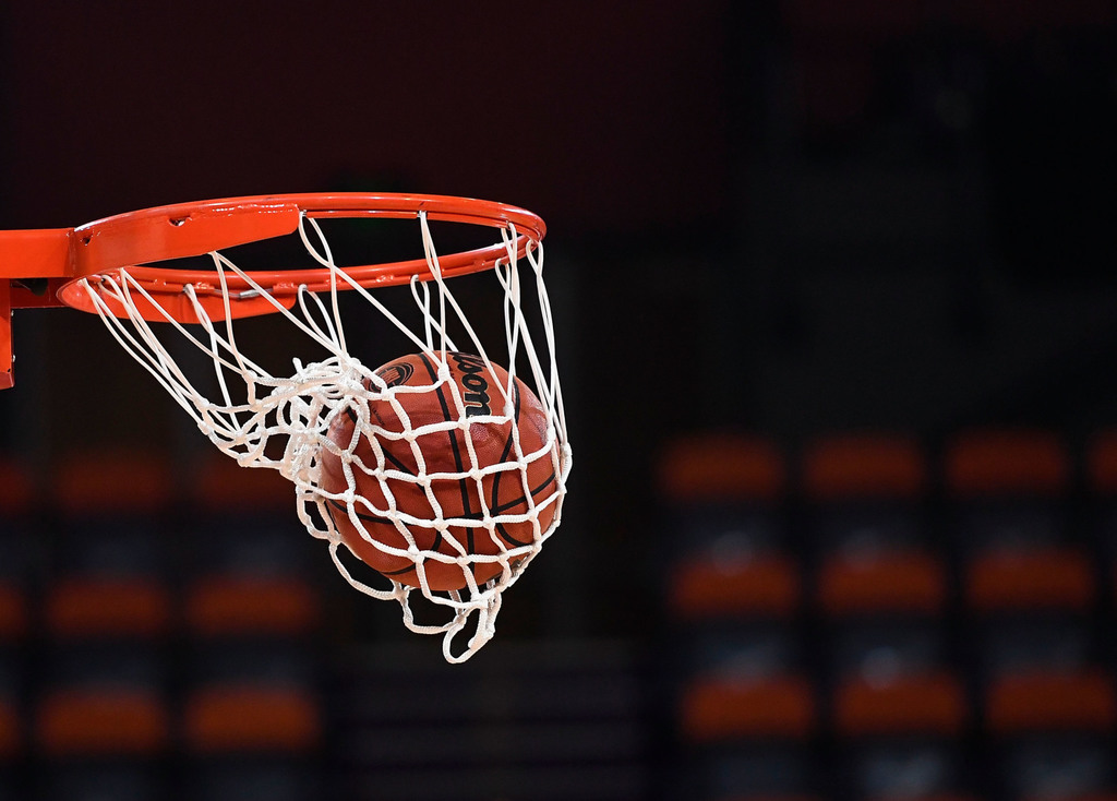 A basketball in a net
